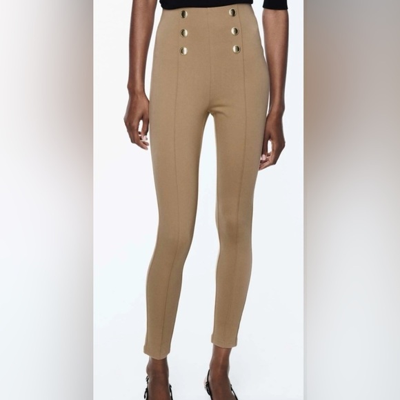 Zara Tan Skinny Stretchy Pants with Button Accents- Size M - Picture 2 of 10
